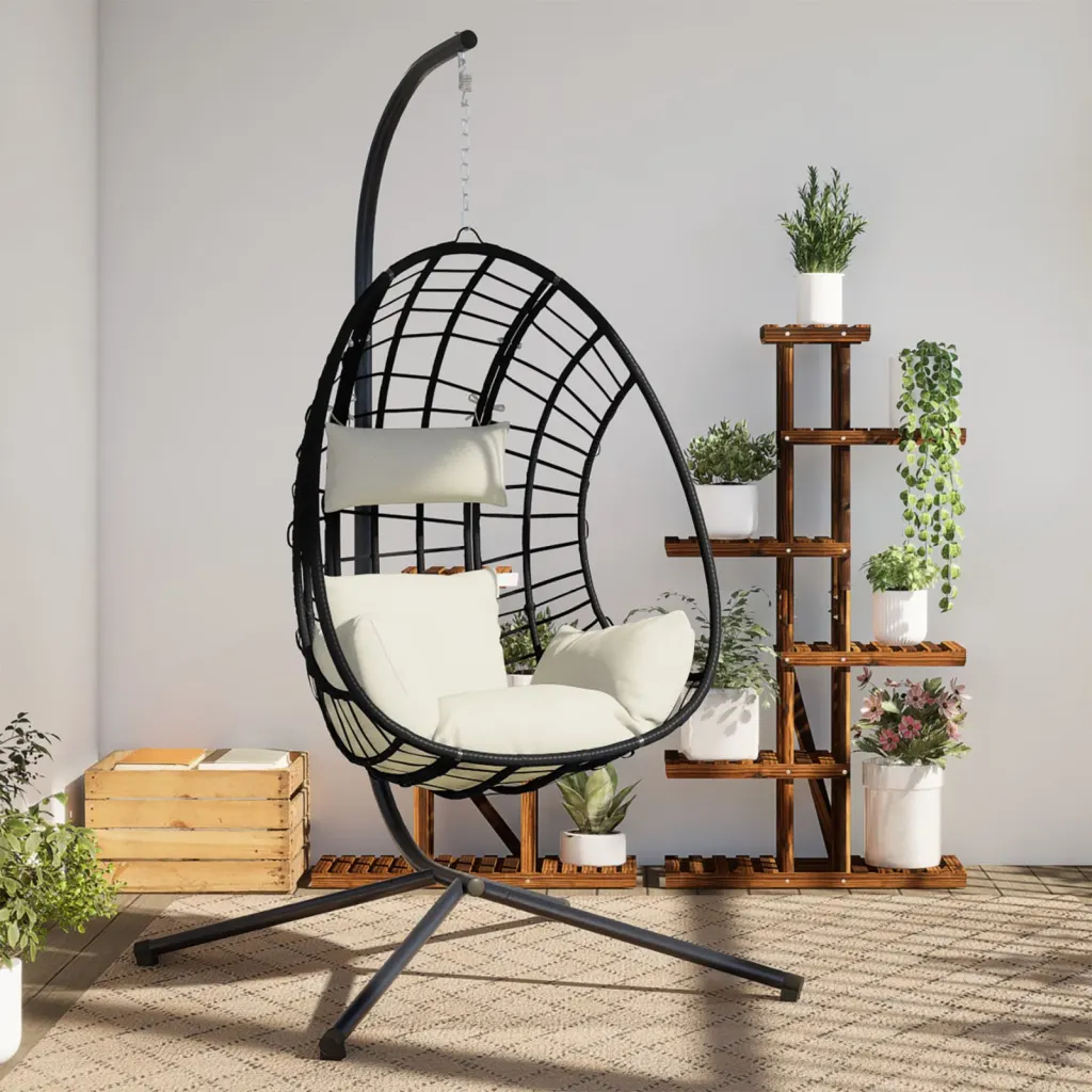 VidaXL Hanging Egg Chair with Stand Patio Hammock Chair Beige Rattan and Steel