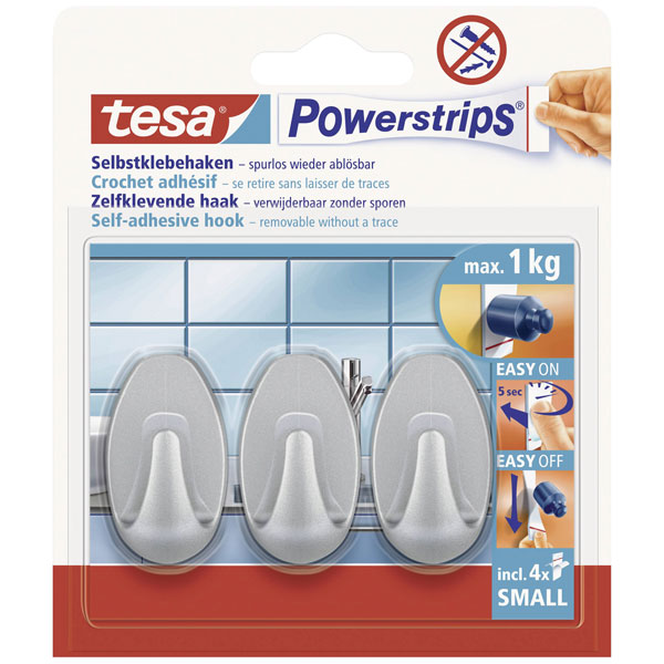 Tesa UK Powerstrips Net Curtain Hooks with Removable Adhesive Strips - Brown, 4 Hooks