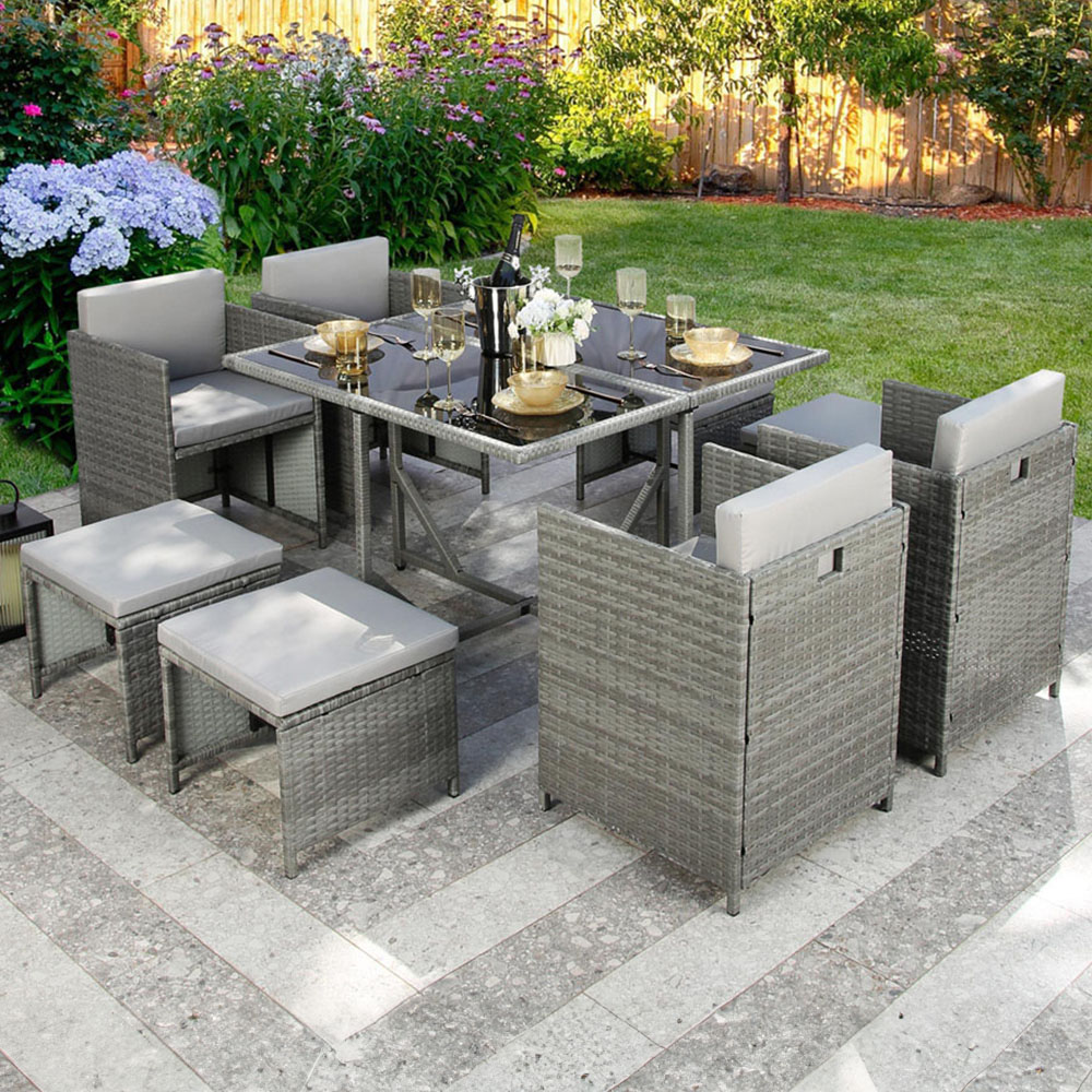 Home Garden Direct Athena Rattan Cube Dining 8 Seater Set - Grey