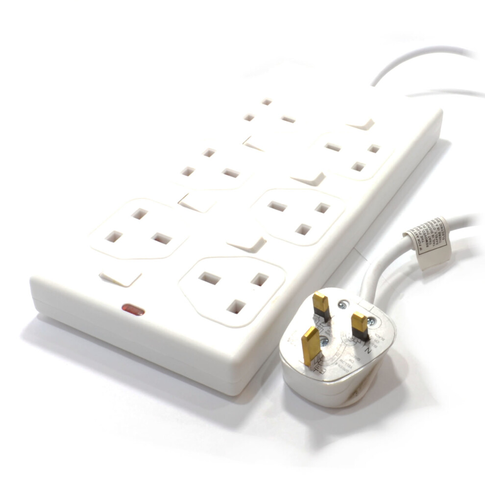 Kenable Switched 6 Gang Mains Extension Lead 6 Way UK Power Sockets White 5m