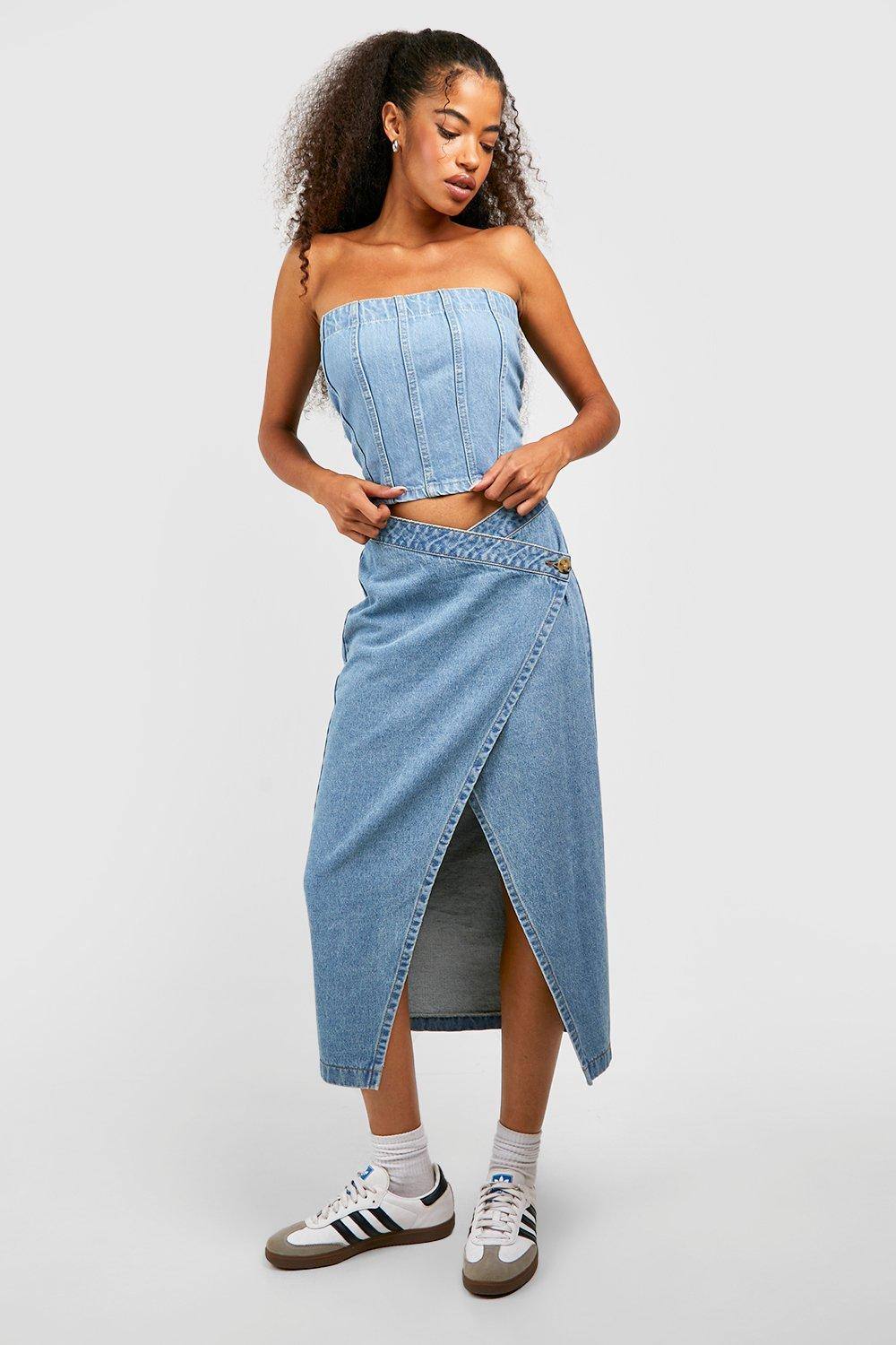 Boohoo Asymmetric Wrap Midaxi Denim Skirt