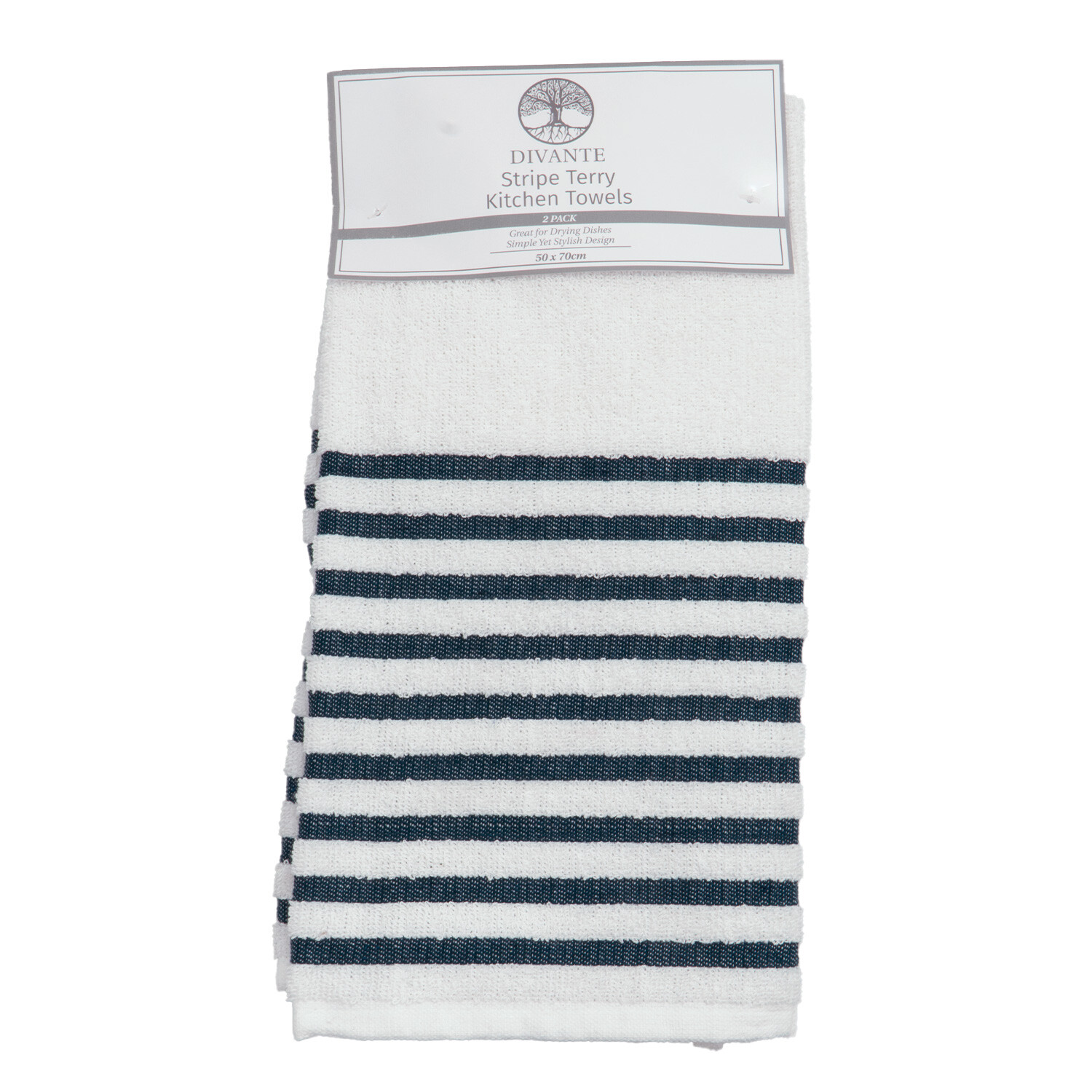DIVANTE Pack of 2 Striped Terry Kitchen Towels - White & Navy