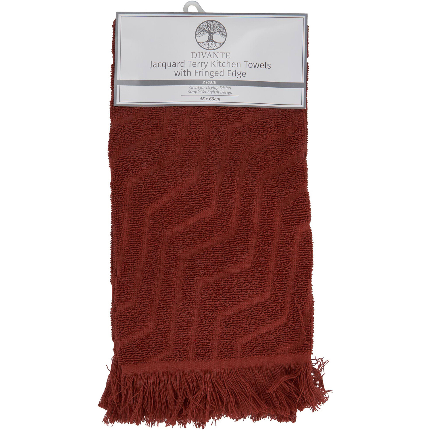 DIVANTE Pack of 2 Jacquard Terry Kitchen Towels with Fringed Edge - Red