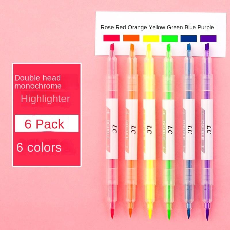 Binchi Cultural Supplies 3/6pcs Double Colored Highlighter Pen Marker Pens Fluorescent Pen Drawing Highlighters Double-headed Markers Pastel Stationery