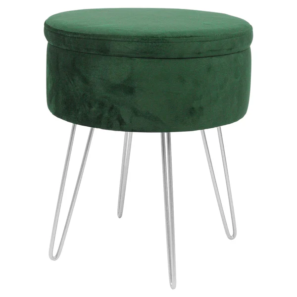 Harbour Housewares Green Round Velvet Storage Footstool - Silver Legs