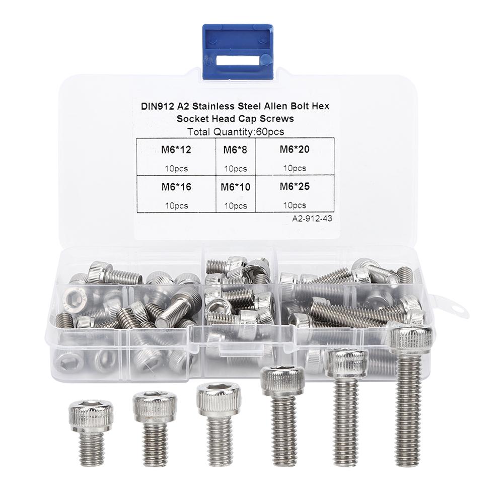 Vestidos 60Pcs Cap Hex Socket Screw Set M6 Stainless Steel Electronics Industry Hardware Fasteners