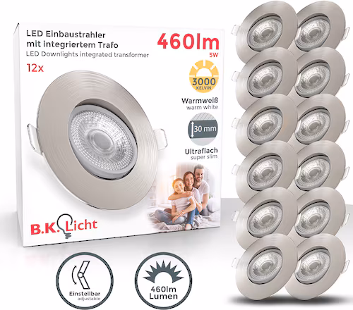 B.K.Licht Set Of 12 Led Recessed Spotlights Recessed Ceiling Lights 68mm Swivelling Flat
