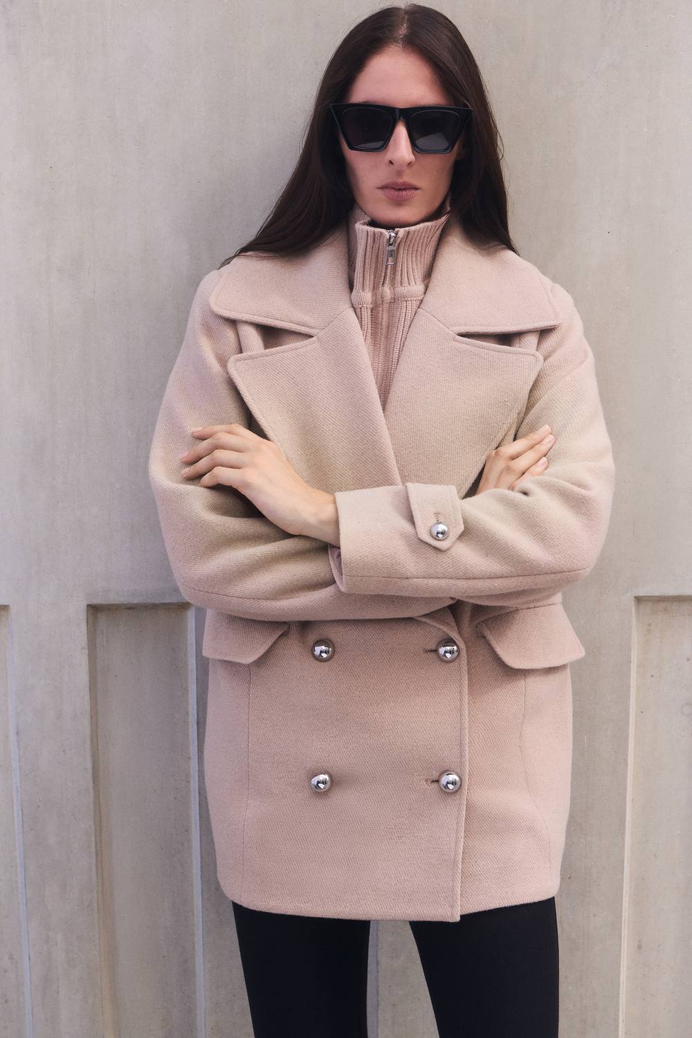 Karen Millen Women's Wool Detachable Knitted Neck Tailored Double Breasted Pea Coat in Taupe | Size: 8