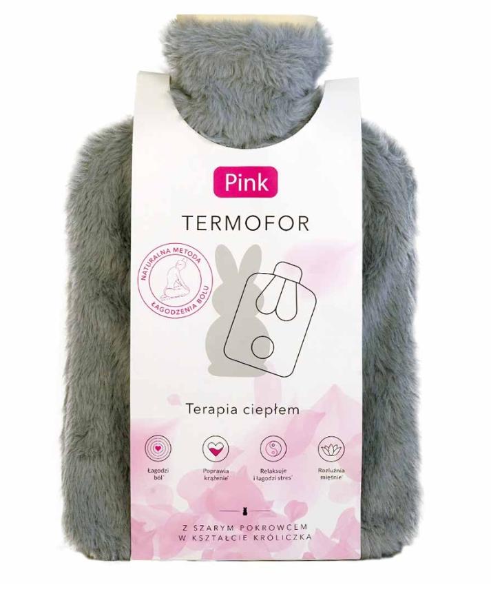 MANADA - Beauty Gray Bunny-Shaped Hot Water Bottle with Pink Cover, 2L Capacity, 1 Piece