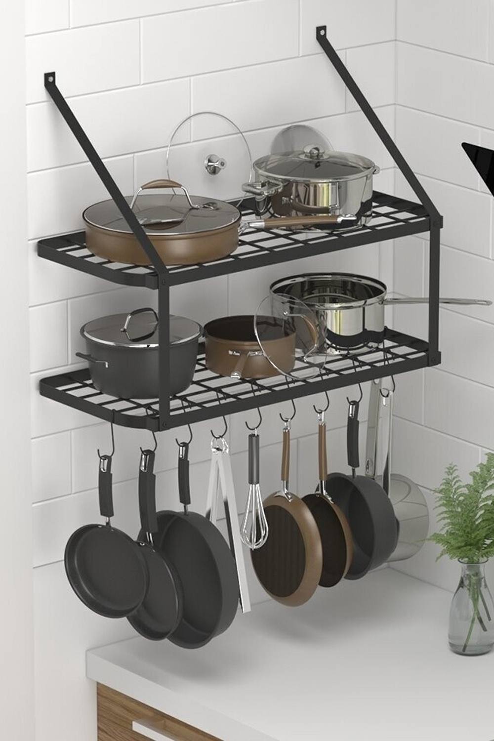 Living And Home Wall-Mounted 2 Tiers Pan Rack Pot Holders Storage with 10 Hooks