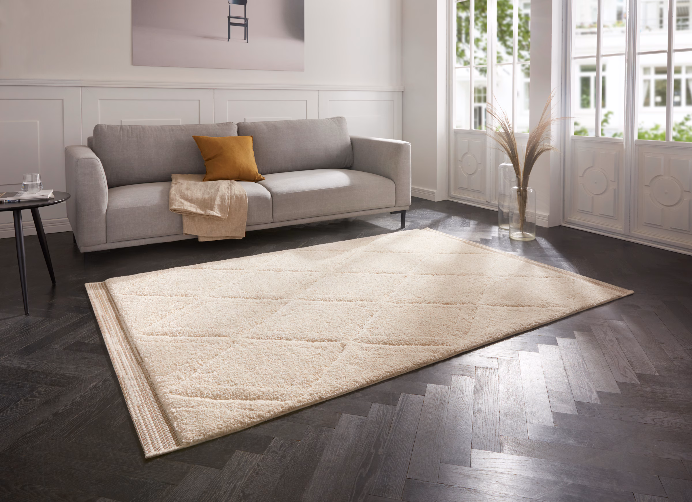MINT RUGS The Rugs Colin Diamond Design Deep Pile Rug Soft 22mm High Pile Luxury In Cream | Size: 80cm X 150cm