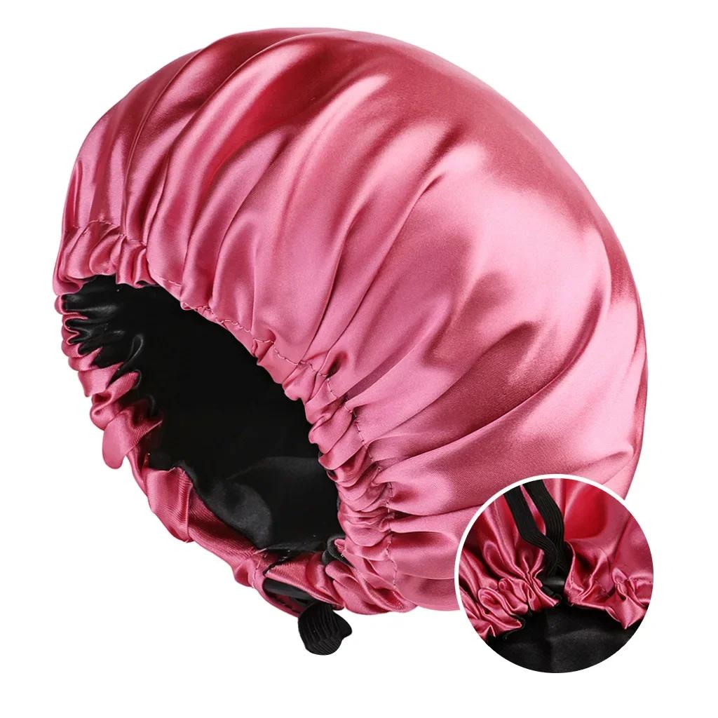 XYNN Adjustable Double Layer Satin Bonnet Nightcap Doubleside Women Round Shower Caps Night Sleep Polyester Hat Solid Black Lining