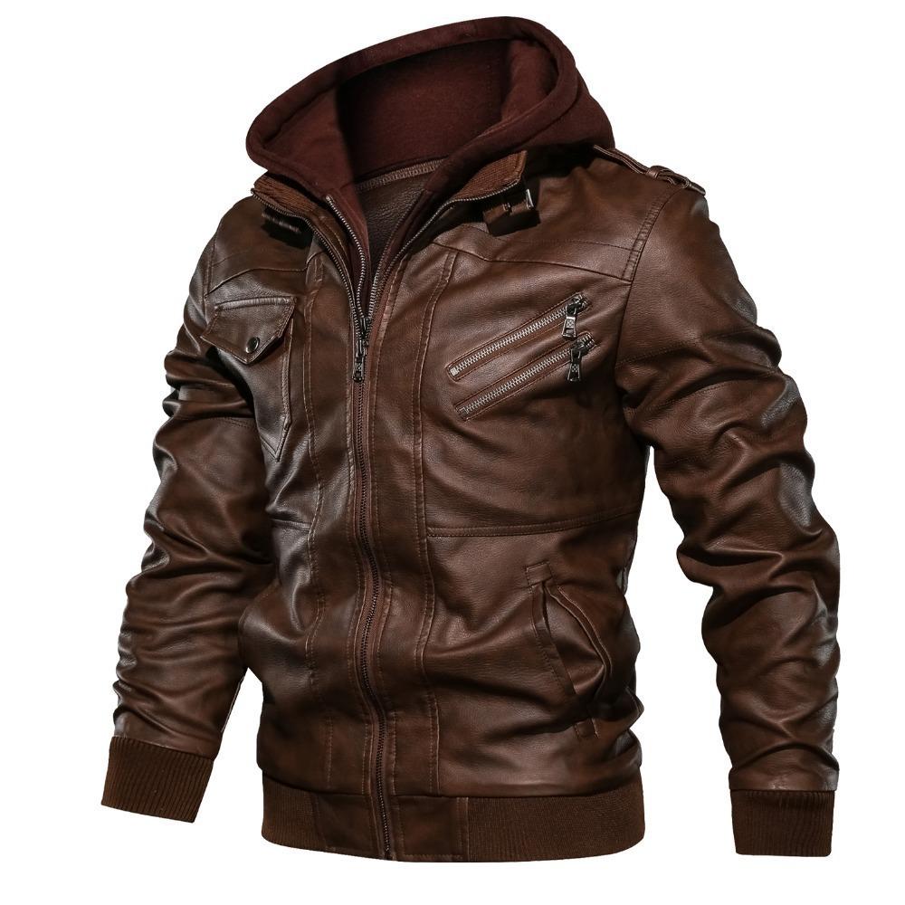 CHIC STUDIO New Leather Jackets for Spring, Autumn and Winter, Men's Hooded Leather Jackets, Young Men's Jackets, Velvet Thickened Leather Jackets 3XL brown
