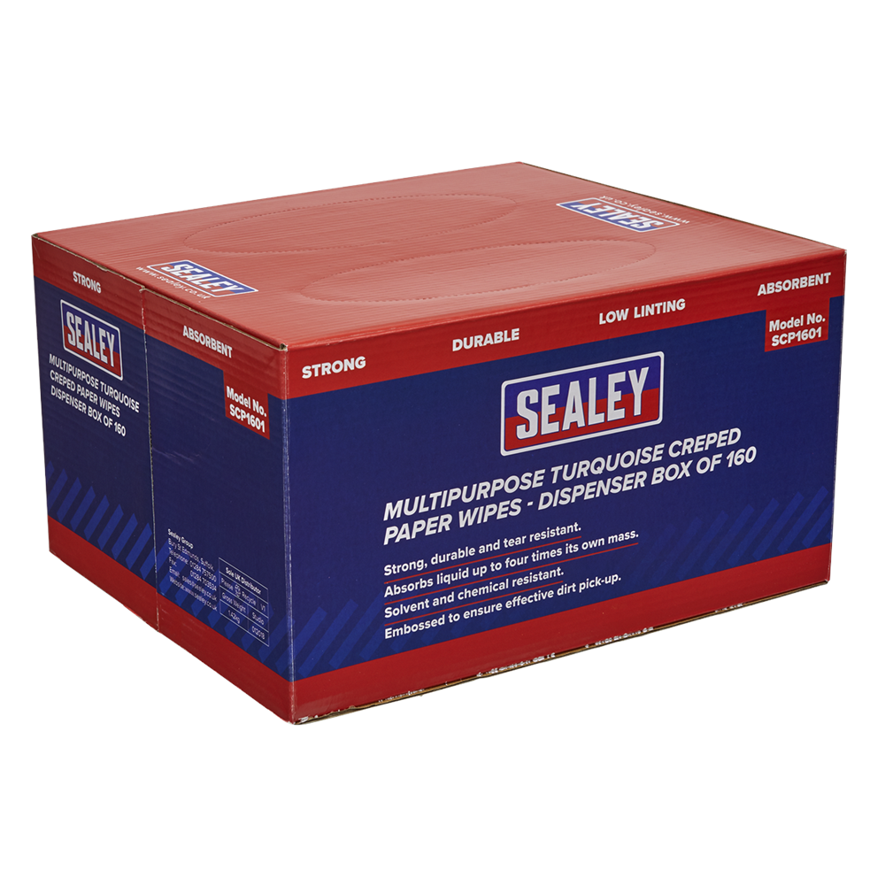 Sealey SCP1601 Multipurpose Paper Wipes in Dispenser Box Creped Turquoise 69gsm 160 Sheets