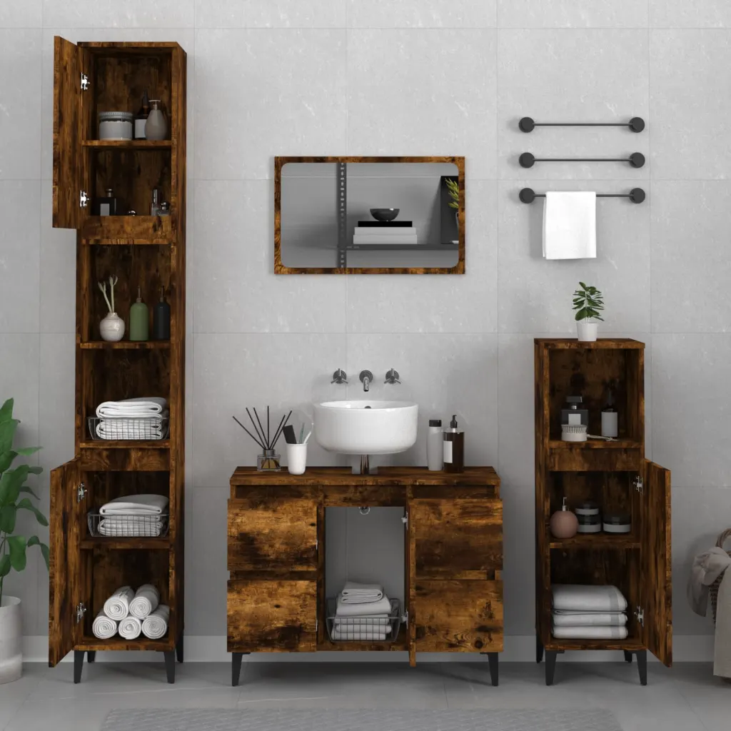 VidaXL (smoked oak) vidaXL Bathroom Furniture Set Vanity Unit Set 3 Piece White Engineered Wood