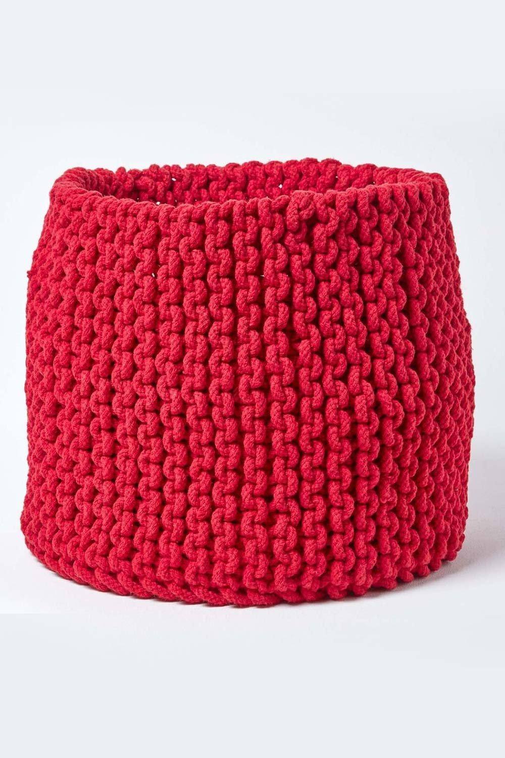 Homescapes Cotton Knitted Round Storage Basket, 42 x 37 cm|red