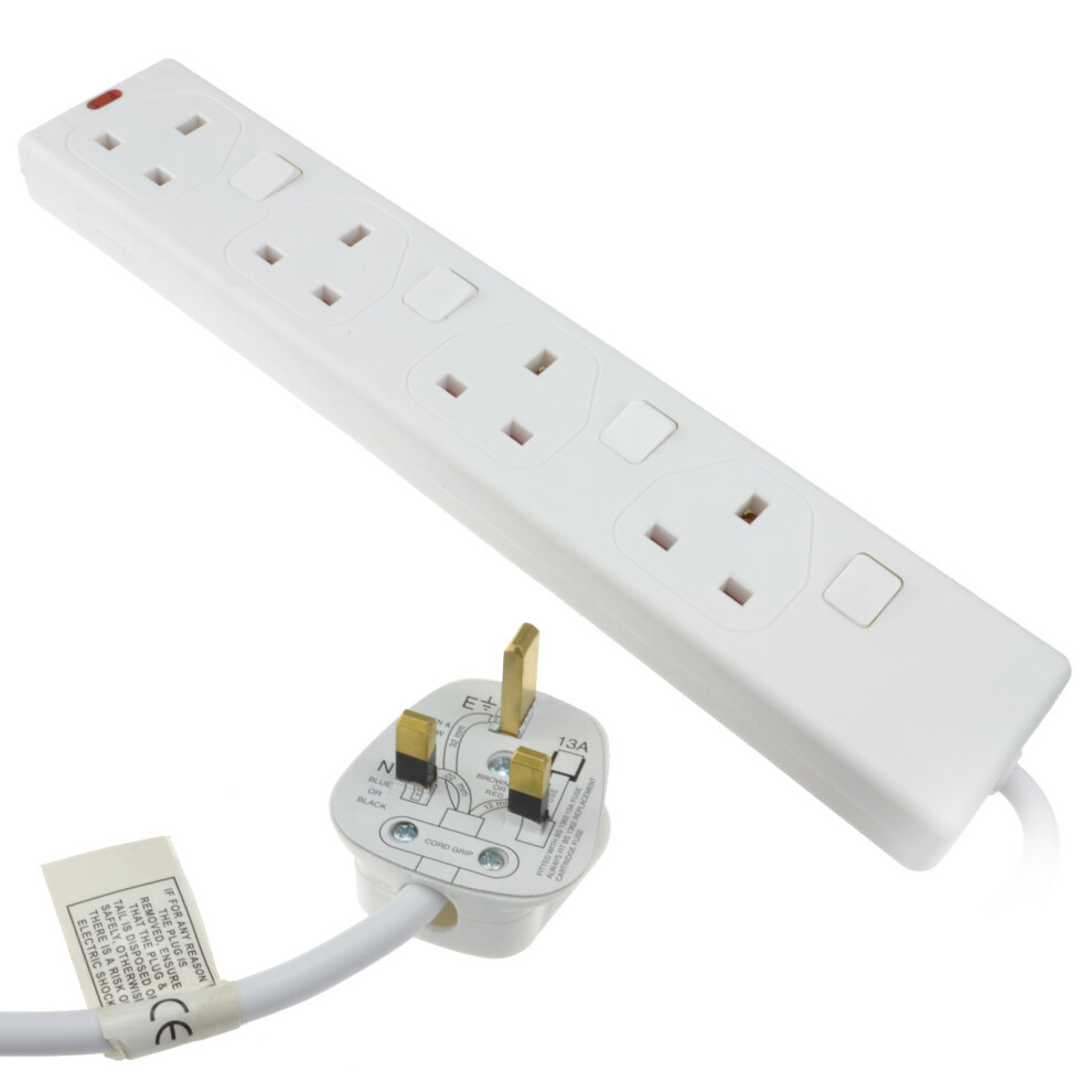 Kenable Switched 4 Gang Mains Extension Lead 4 Way UK Power Sockets White 5m