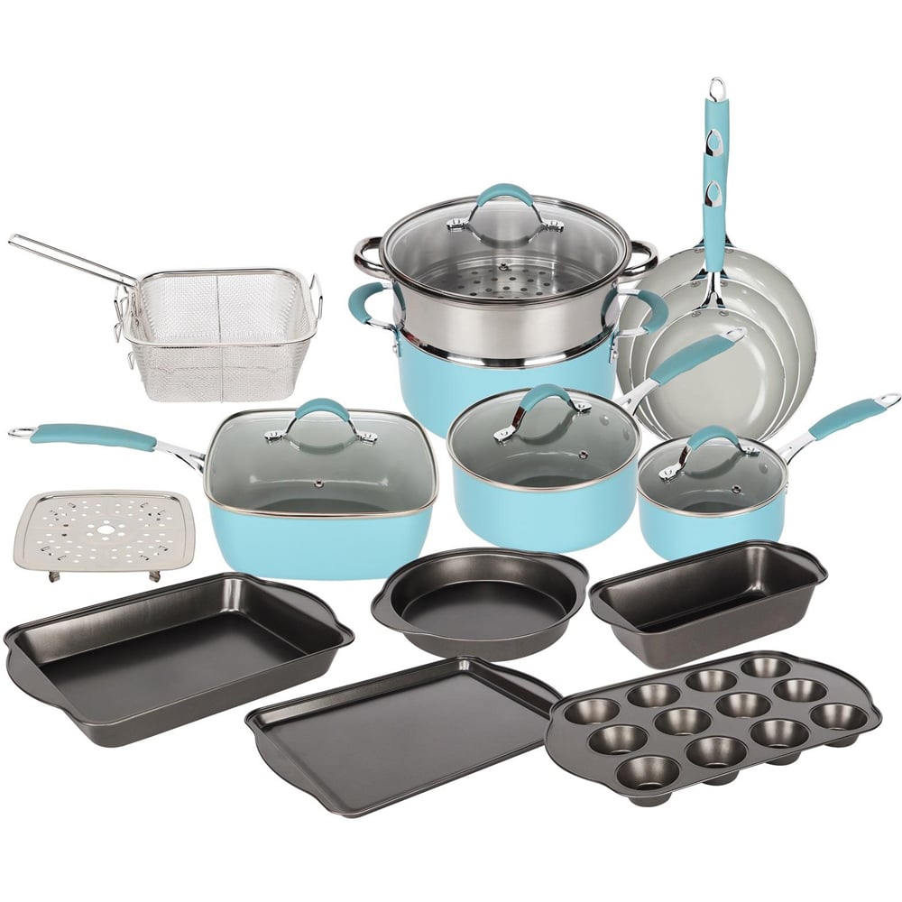 Gr8 Home Blue and Dove Grey Induction 19 Piece Non Stick Kitchen Cookware Bakeware Set