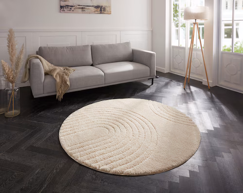 MINT RUGS THE RUGS Fergus Design Deep Pile Round Rug Soft 22mm Plush Geometric in Cream | Size: 160cm diameter