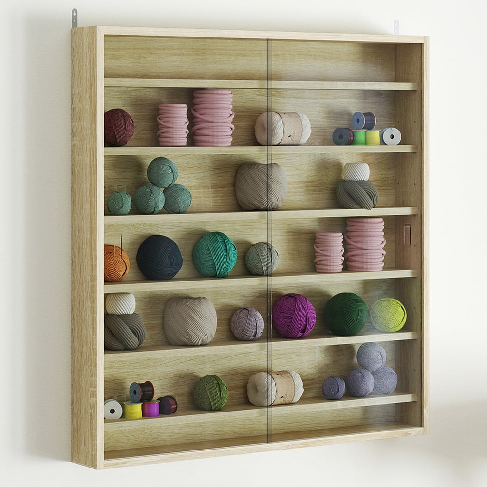 Homcom 7-tier Wall Display Cabinet W/ Shelves Glass Doors, Oak