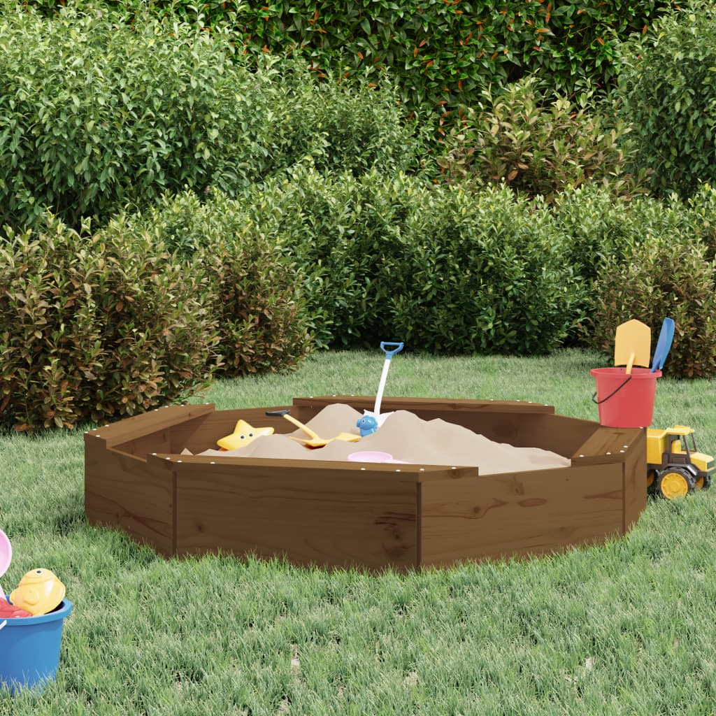 VidaXL (honey brown pine, 111 x 111 x 20 cm) vidaXL Sandbox with Seats Kids Toy Outdoor Sandpit Octagon Solid Wood Pine