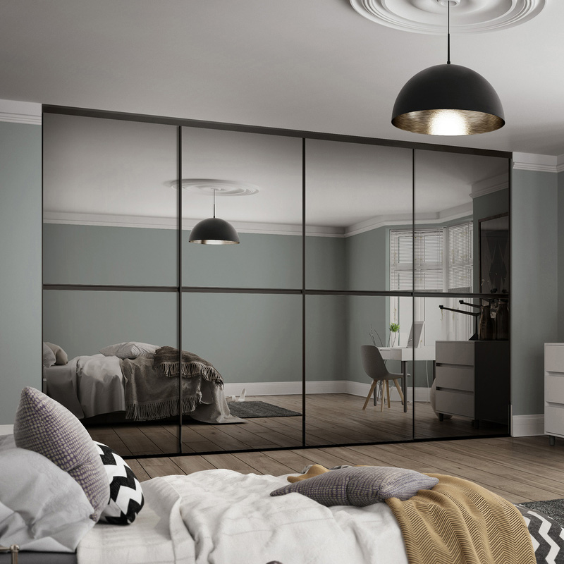 Spacepro Minimalist 4 Door Sliding Wardrobe Kit Black Framed Mirror Doors 2400 x 2260mm in Silver Aluminium/Glass