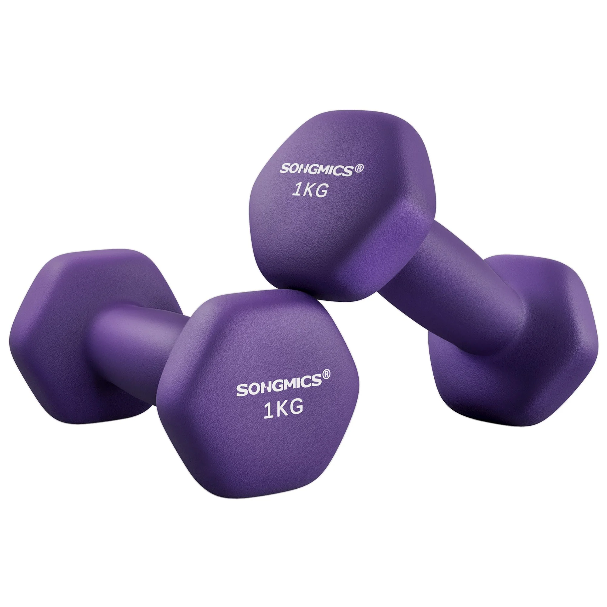 SONGMICS Set of 2 Neoprene Hex Dumbbells with Dumbbells Bars, Purple / 2 x 1 kg