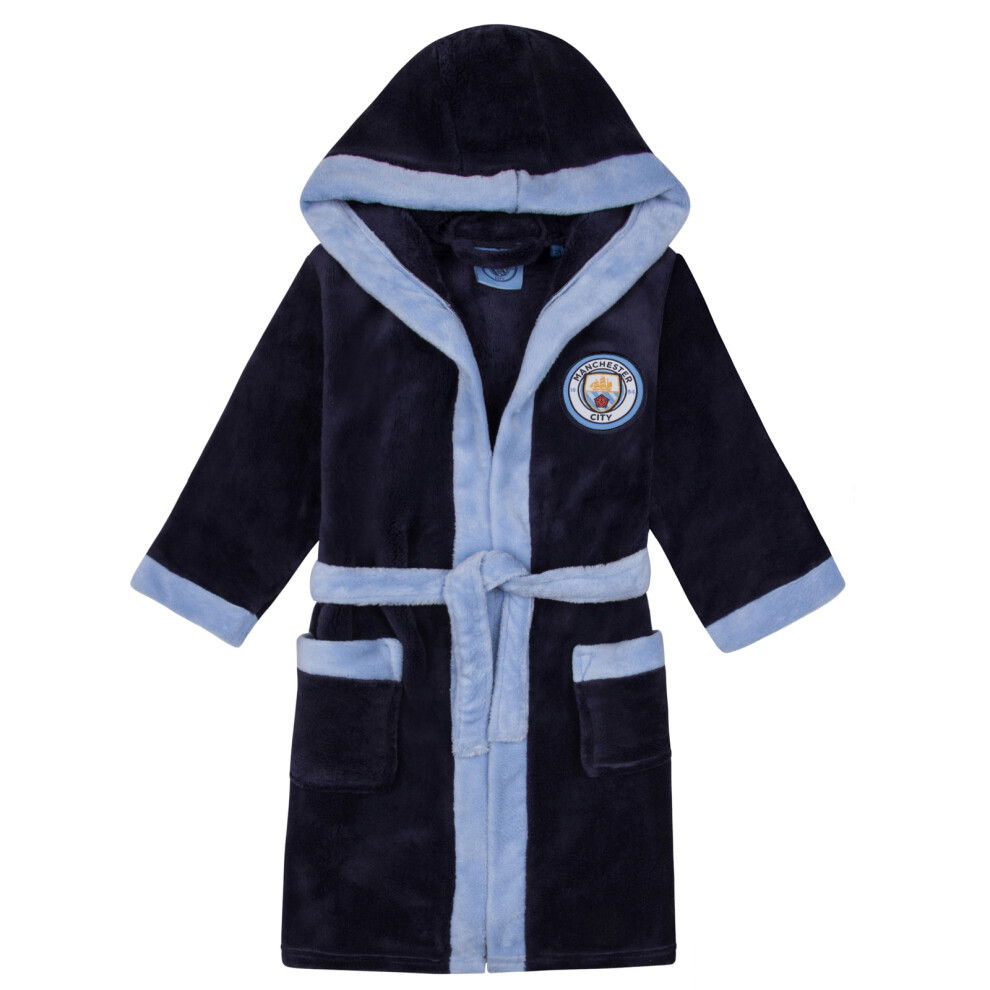 Manchester City FC (Navy Blue, 11-12 Years) Official Football Gift Boys Hooded Fleece Dressing Gown Robe
