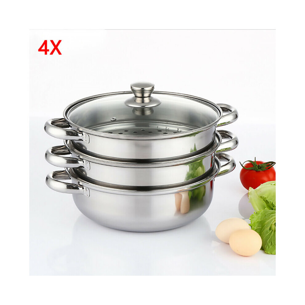 Unbranded 27cm 4pc Steamer Cooker Pot Set Pan Cook Food Glass Lids 3 Tier Stain