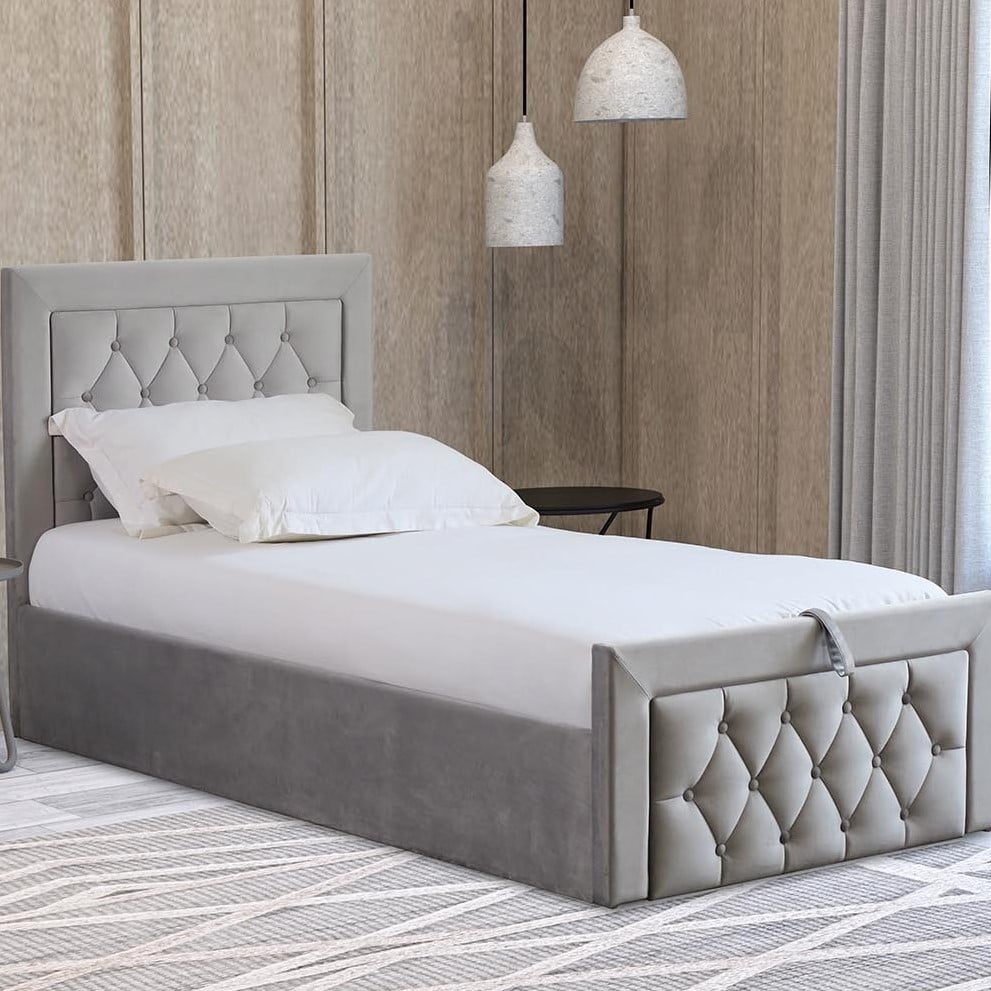 Mia Ottoman Bed - Single - Under Mattress Storage Space - Grey - Sleek & Stylish With Brushed Velvet Design