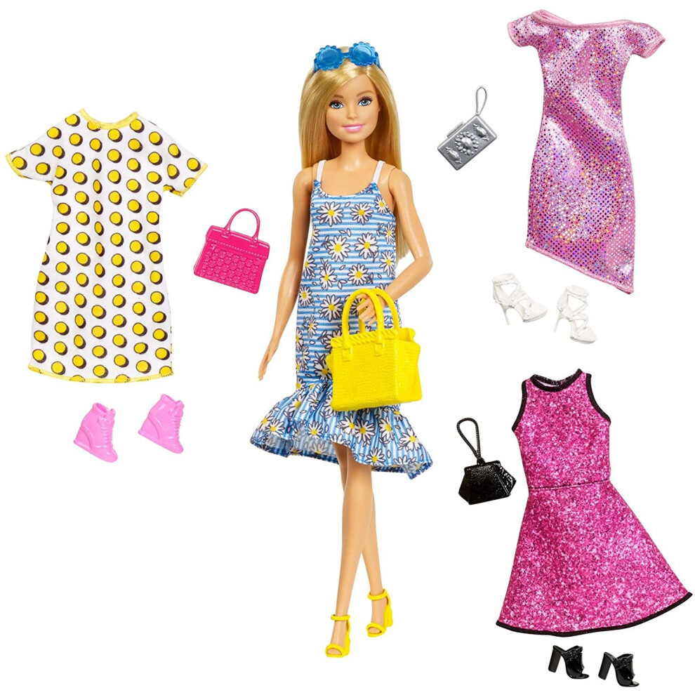 Barbie Doll GDJ40 Floral Dress Yellow Bag with Clothes and Accessories