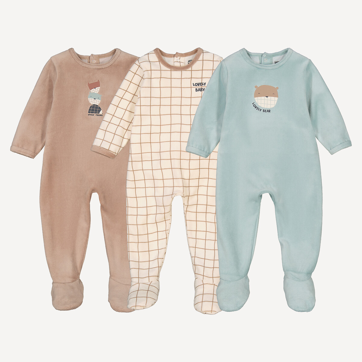 La Redoute Collections Pack of 3 Sleepsuits in Check/Animal Print Velour