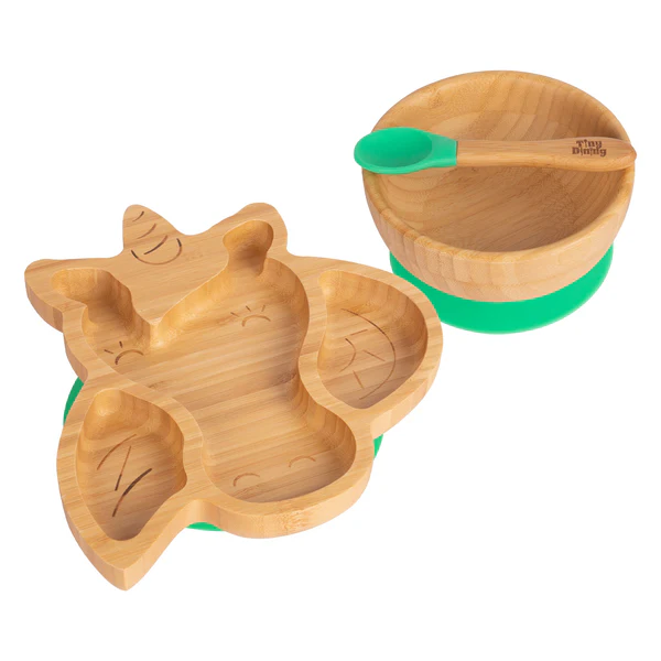Tiny Dining Children's Bamboo Unicorn Plate, Bowl and Spoon with Suction Cups | Green