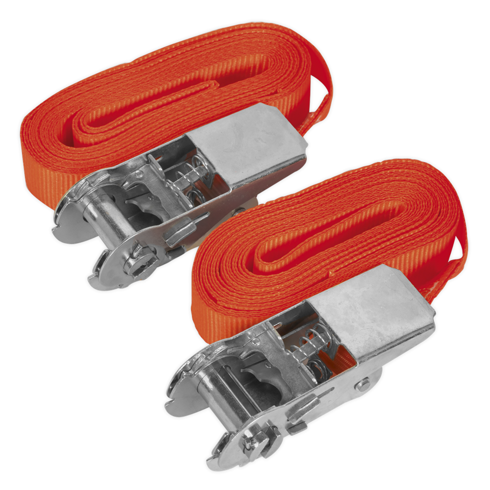 Sealey Self-Securing Ratchet Tie Down 25mm 4.5M 500Kg - Orange Pair Td05045E