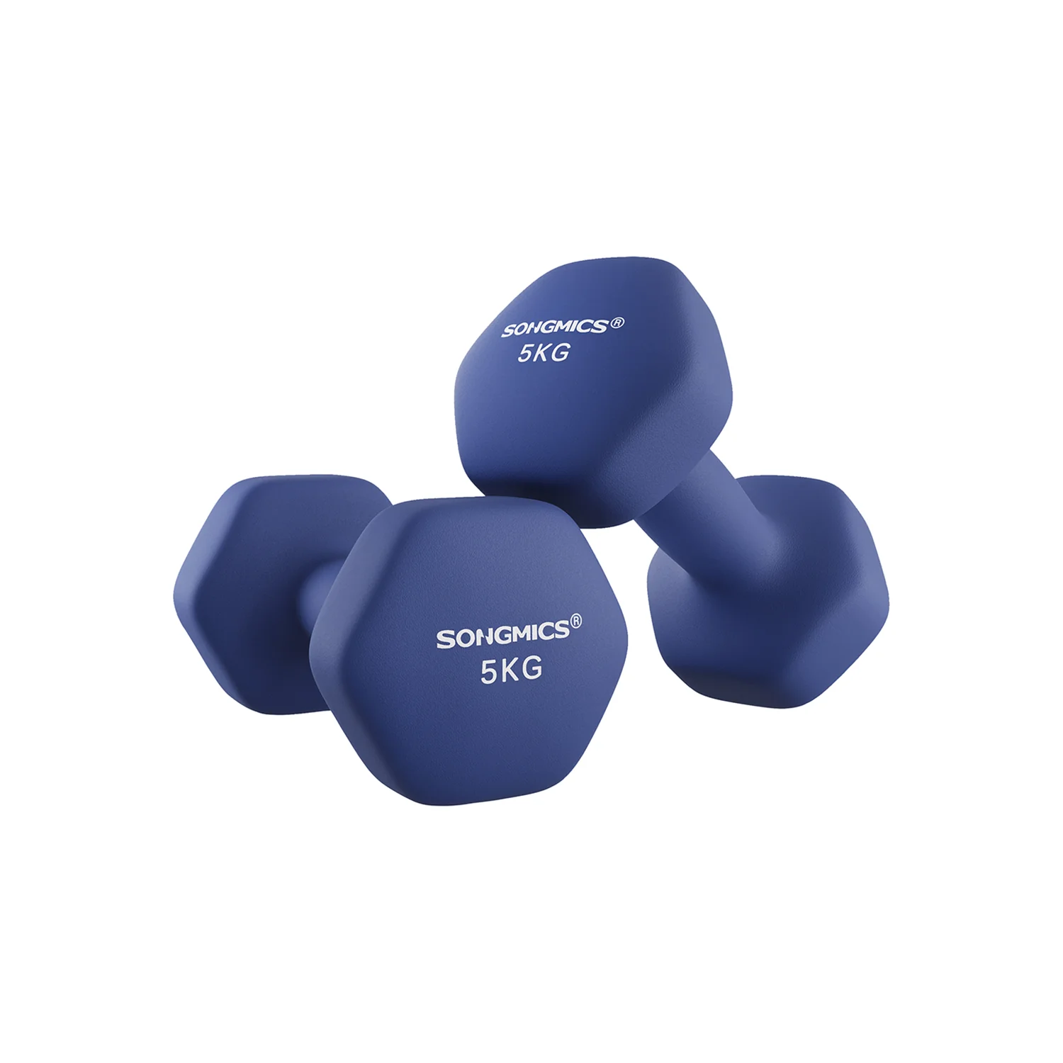 SONGMICS Set of 2 Neoprene Hex Dumbbells with Dumbbells Bars, Blue / 2 x 5 kg