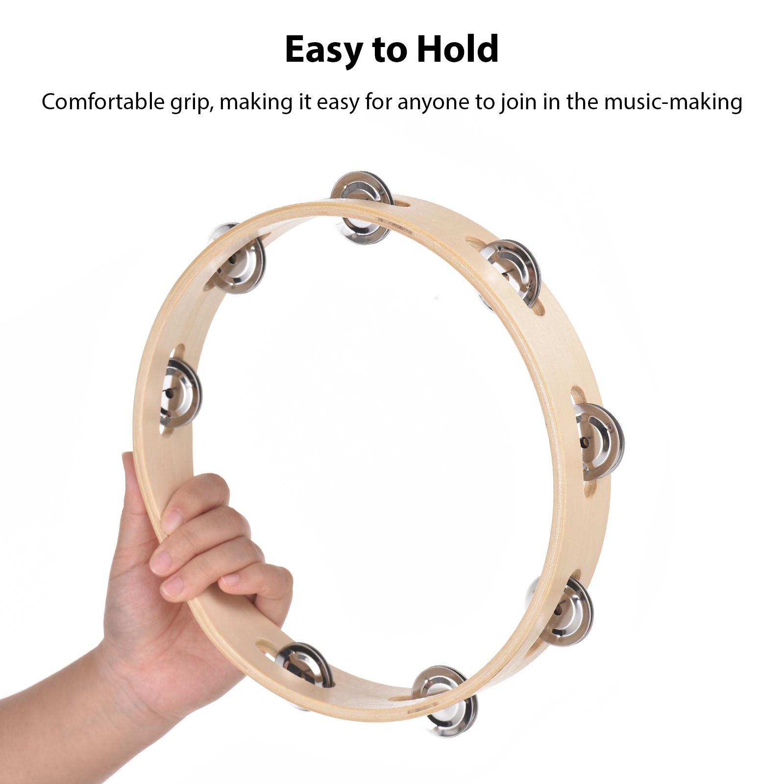 TOMTOP JMS 10 Inch Tambourine for Adults Pleasant Jingle Sound Hand Cranked Bell Rings Wooden Natural Color 10 Inch