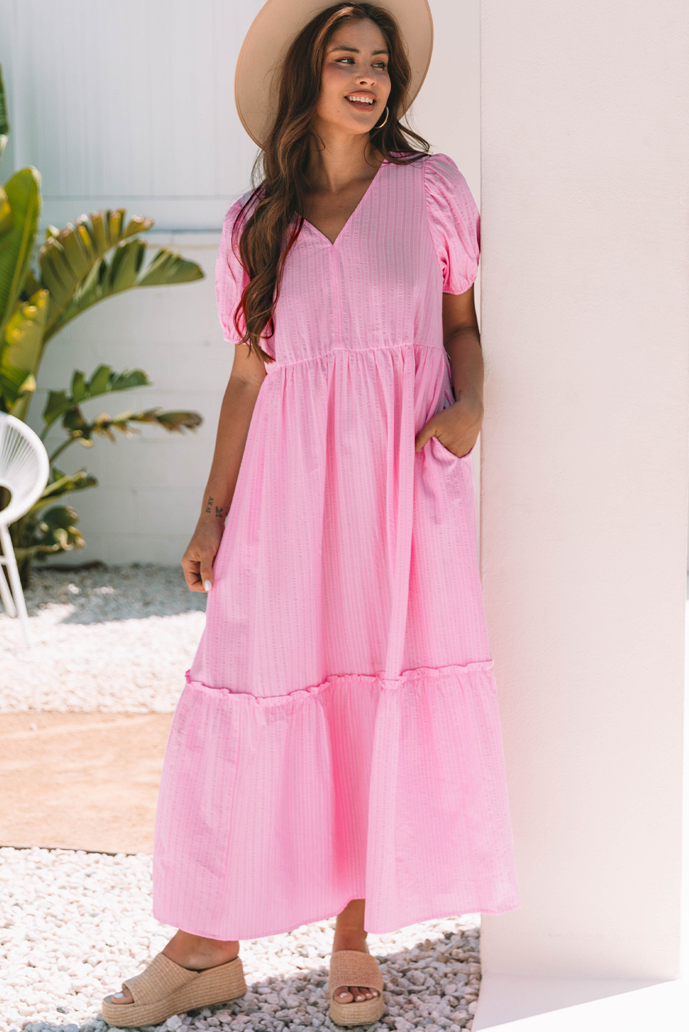 Everyday The Label Women's Pink Stripe V Neck Puff Short Sleeve Maxi Dress Maxi Dresses | Size: Small