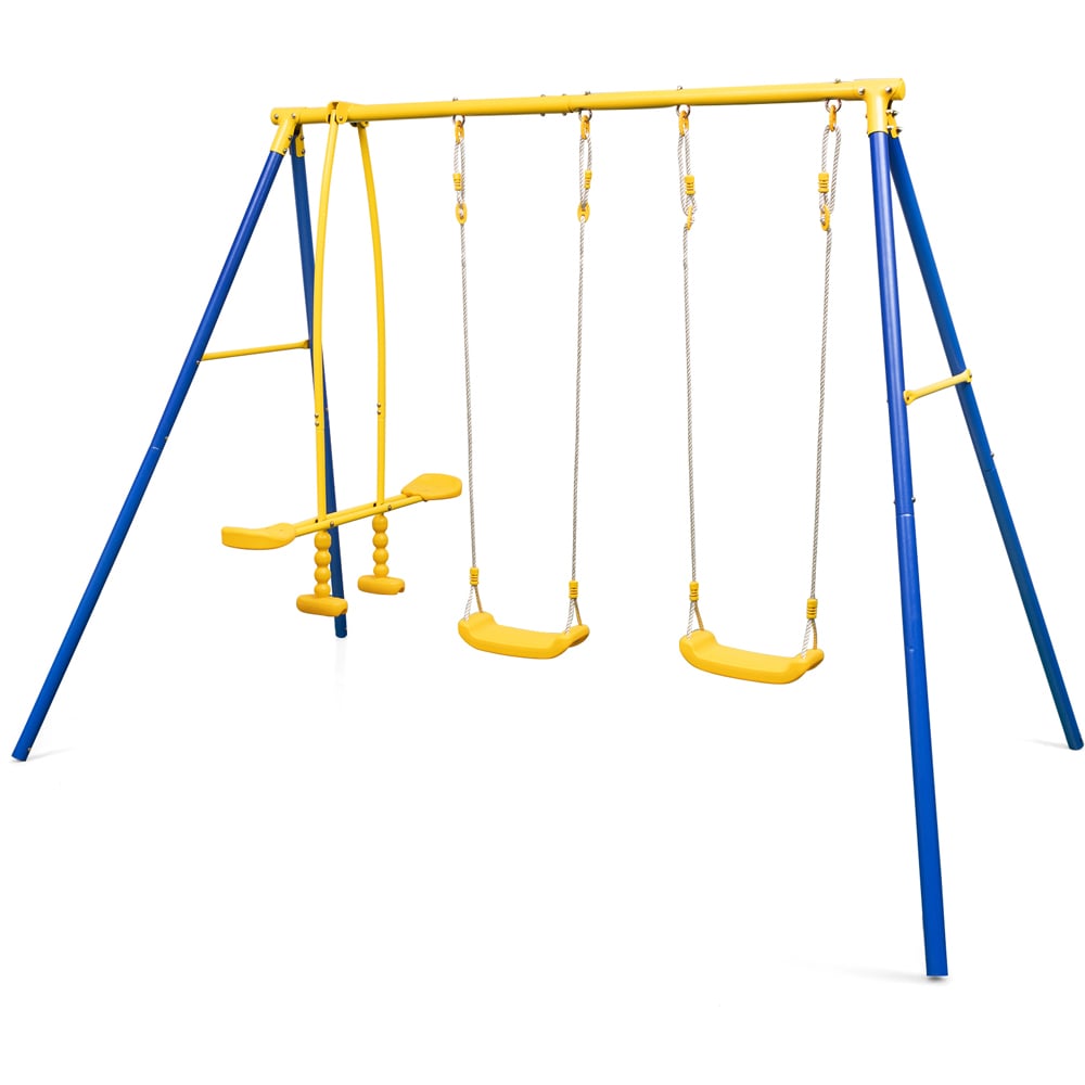 Costway Heavy-Duty Kids Playset with 2 Swing Seats and 2 Glider Seats for Children 3-12 Years Old-Blue, Blue