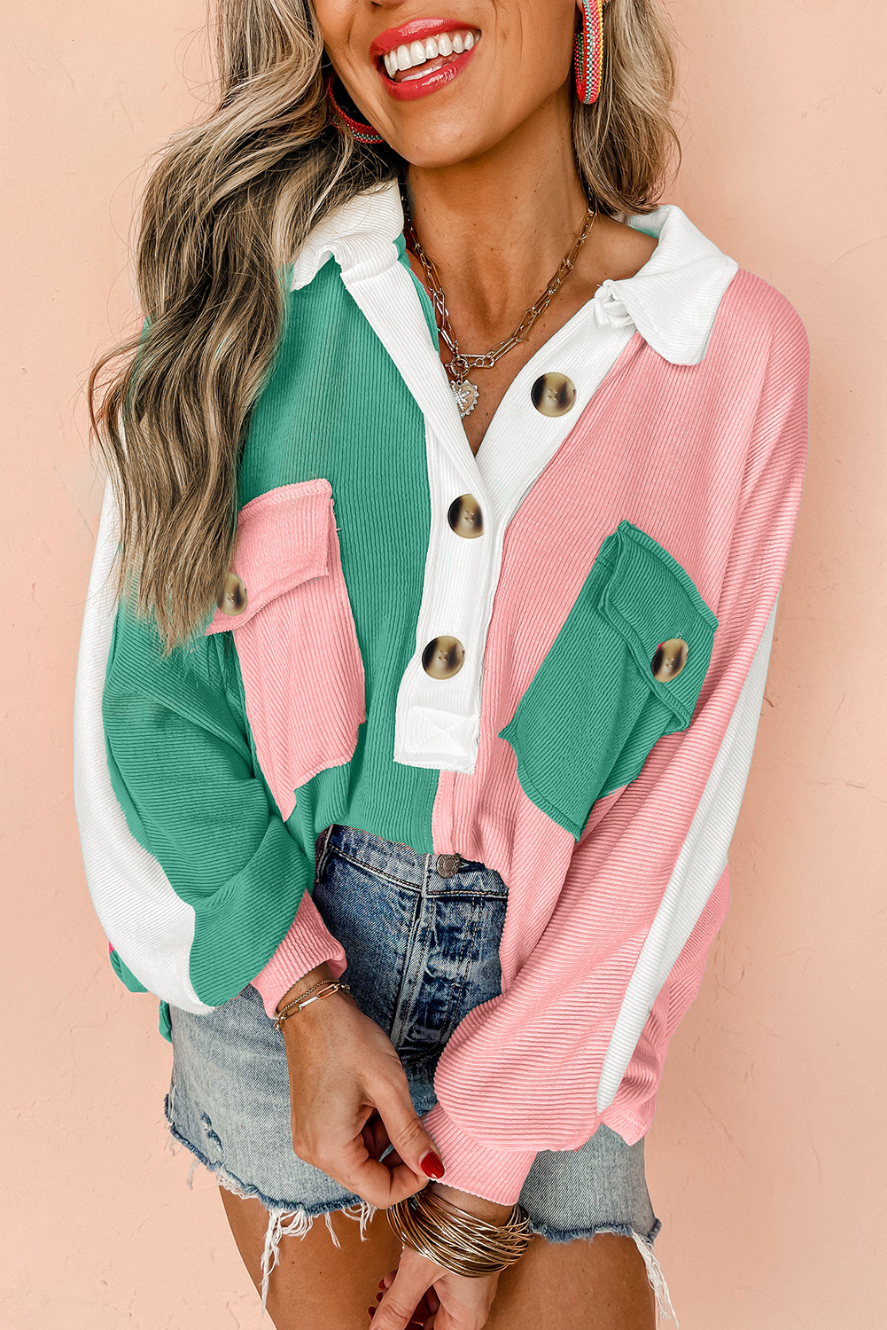 Azura Exchange Pink Colorblock Ribbed Collared Oversized Sweatshirt Sweatshirts