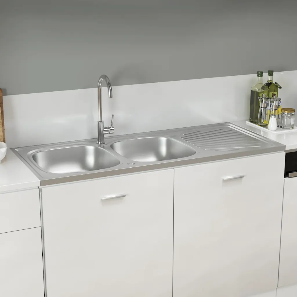 VidaXL Kitchen Sink with Double Sinks Silver 1200x600x155 mm Stainless Steel