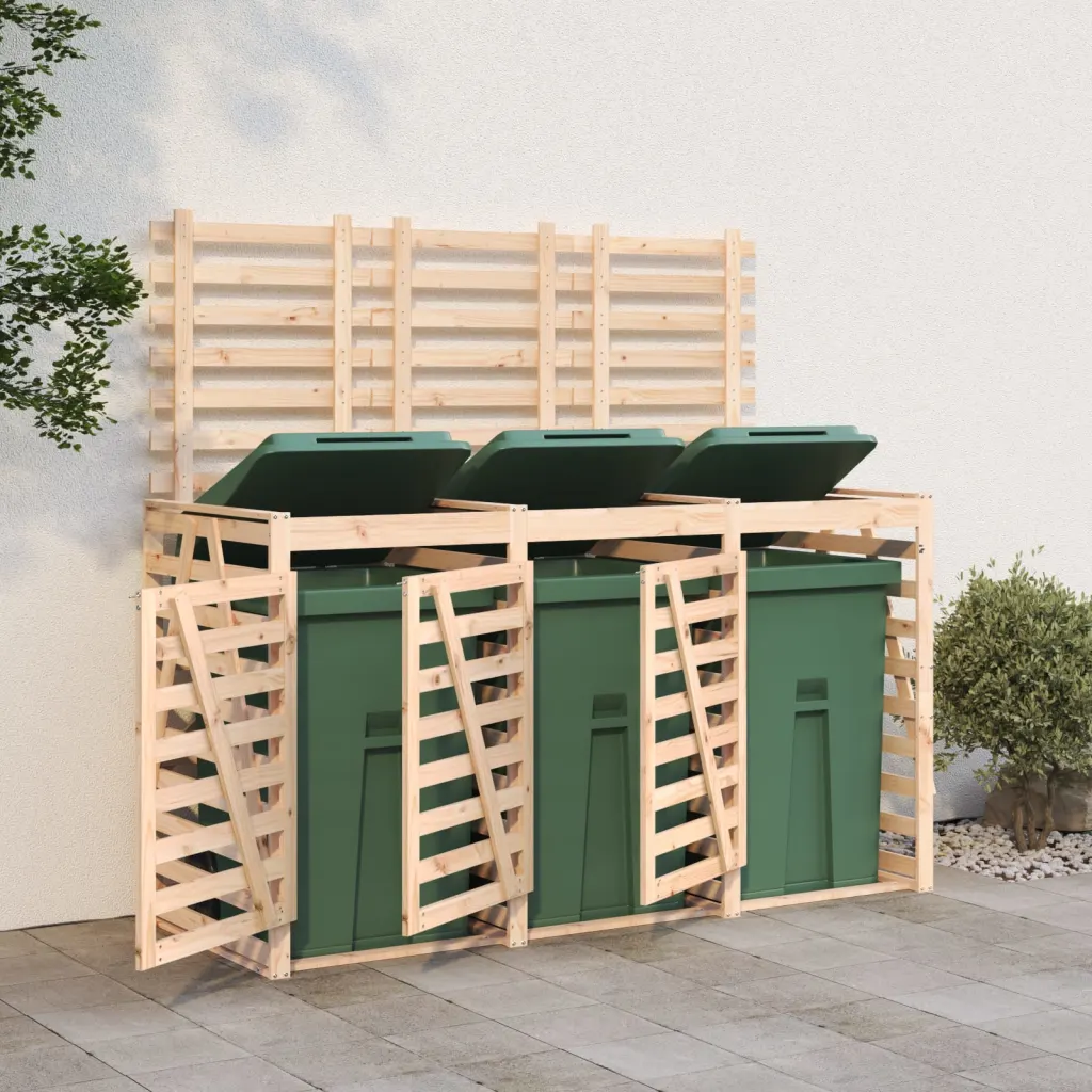 VidaXL (natural pine) vidaXL Triple Wheelie Bin Storage Garden Trash Cover Bin Store Solid Wood Pine