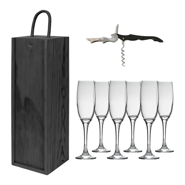 Harbour Housewares Wooden Champagne Wine Box Set With Corkscrew & Flutes - Black - 8Pc Wooden Display Carrier Crate (Empty)