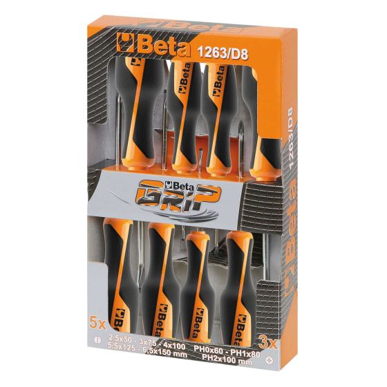 Beta Tools Beta Set 8 giraviti cacciaviti croce taglio professionali manico grip 1263/D8