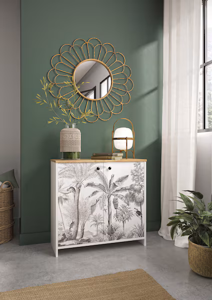 Gami White & Cerused Chestnut Storage Chest Palm Tree Exotic Print