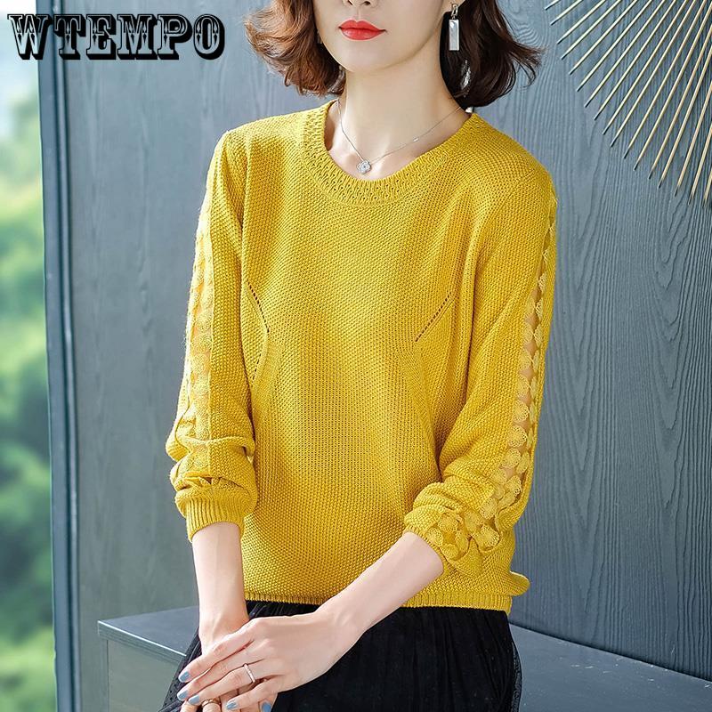 WTEMPO Stitching Lace Base Knitted Sweater Women Flowers Hollow Loose Round Neck Solid Color Casual Jumpers Female 2024 Spring One Size yellow