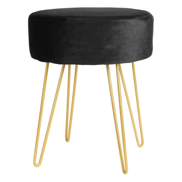 Harbour Housewares Black Round Velvet Footstool - Gold Legs