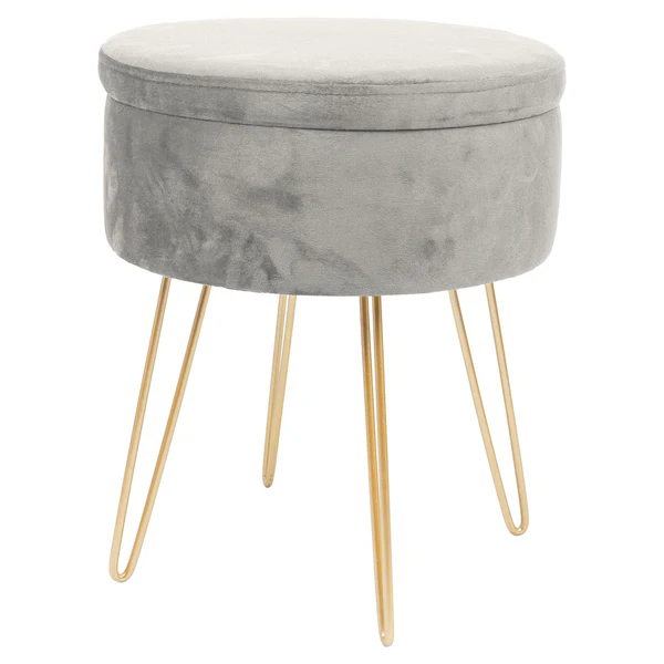 Harbour Housewares Grey Round Velvet Storage Footstool - Gold Legs