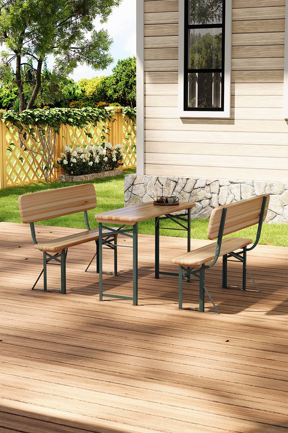 Living And Home Rustic Wooden Folding Garden Benches Table Set