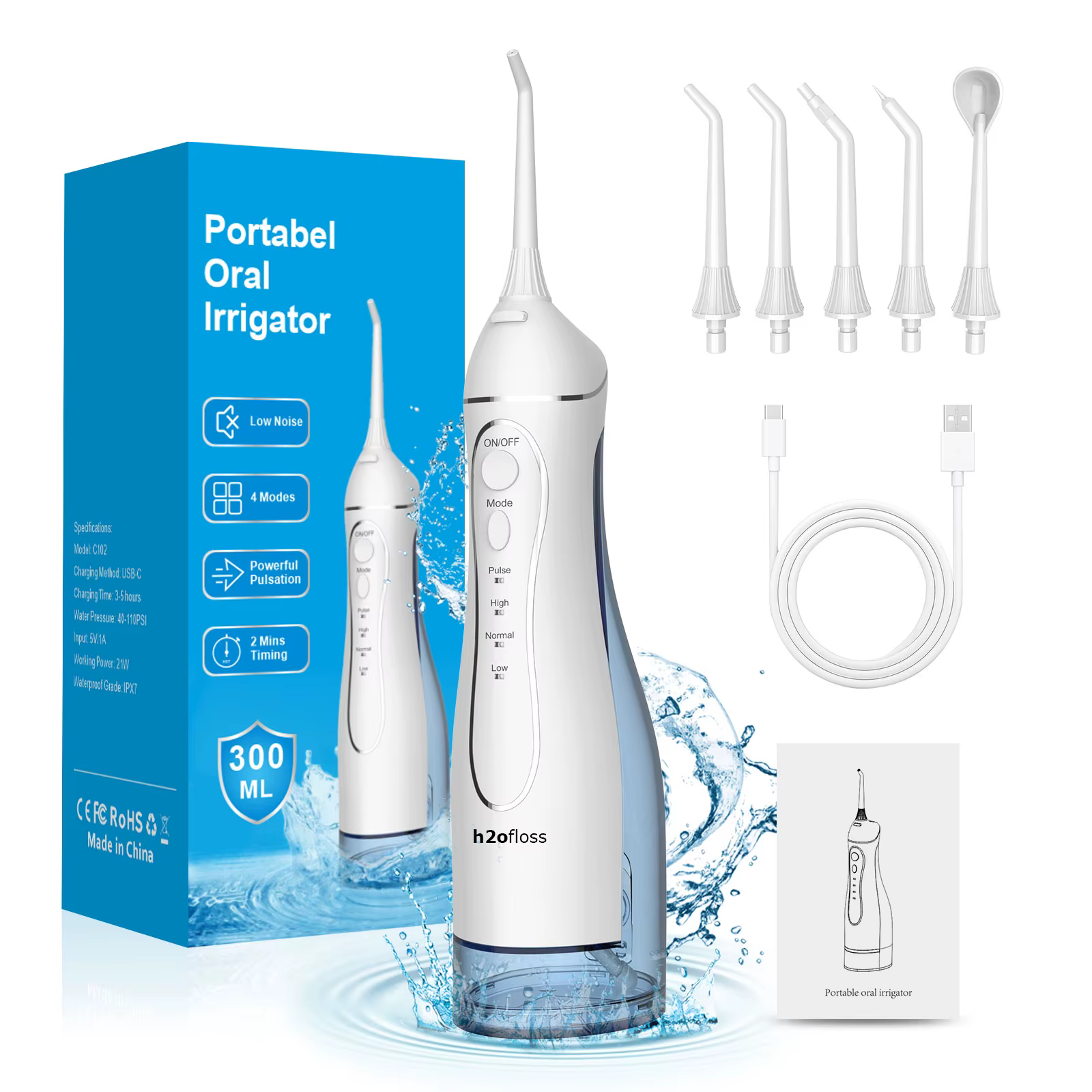 H2ofloss Oral Irrigator Portable Dental Water Flosser for Teeth Braces Rechargeable Home and Travel IPX7 Waterproof
