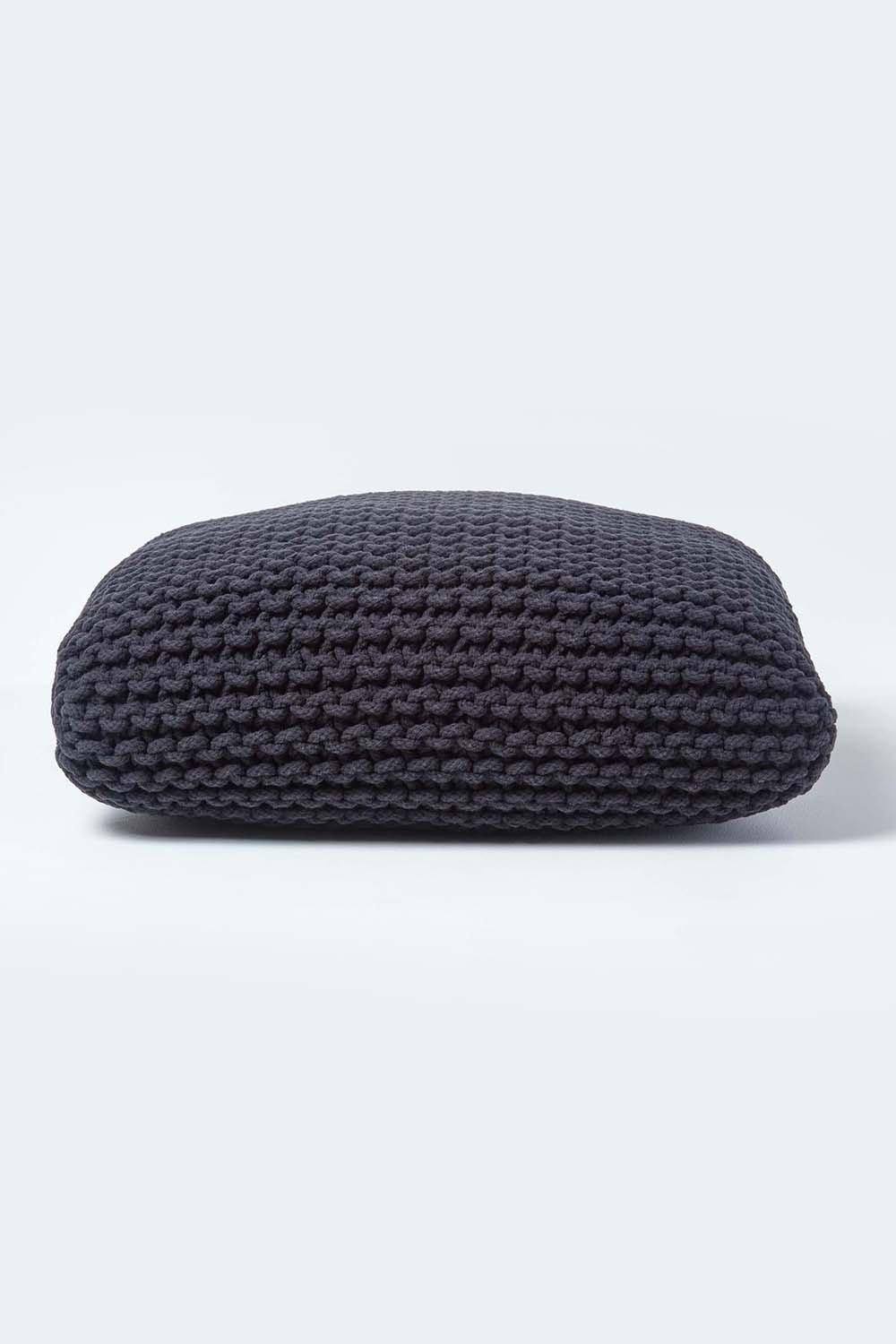 Homescapes Square Cotton Knitted Pouffe Floor Cushion|black